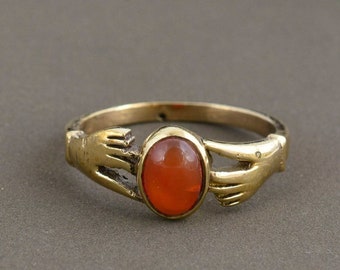 Carnelian Ring, Carnelian Stone Brass Ring, Hand Holding Ring, Gemstone Ring, Gold Filled Ring, Minimalist Ring, Fede Ring, Gift For Her,