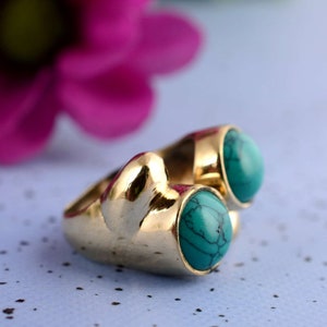 Turquoise Ring, Dainty Brass Ring, Gemstone Ring, Unique Ring, Stacking Ring, Gold Turquoise Ring, Brass Statement Ring, Gift For Her,