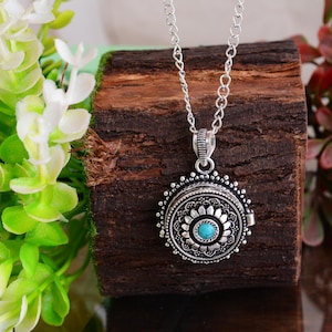 Turquoise Poison Box Pendant, Compartment Pendant, Natural Gemstone, Handmade Jewelry, Silver Box Pendant, Boho Tribal Jewelry,