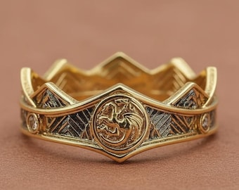 Dragon Crown Ring, Medieval Gold Dragon Band, Fantasy King Crown Ring, Viking Dragon Ring, Gothic Statement Ring, Mythical Jewelry