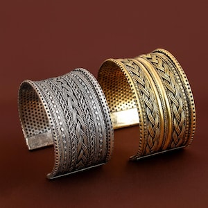 Boho gevlochten manchetarmband, vintage zilveren gouden armband, etnische statement sieraden, handgemaakte verstelbare armband, cadeau voor haar, tribal manchet