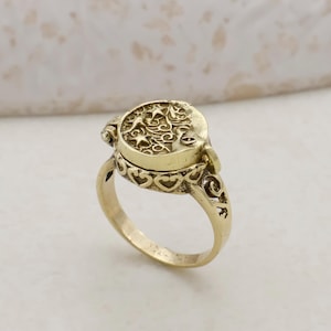 Vintage Brass Poison Ring, Secret Compartment Locket Ring, Filigree Engraved Hidden Ring, Boho Adjustable Jewelry Gift for Her