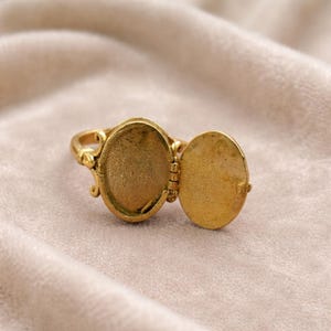 Könnte beinhalten: Ein goldfarbener Medaillonring mit einem ovalen Fach, das sich öffnen lässt. Der Ring hat ein dekoratives Design am Band und einen Klappdeckel, der das Innere freigibt. Der Ring wird auf einer weichen, neutralfarbenen Oberfläche präsentiert.