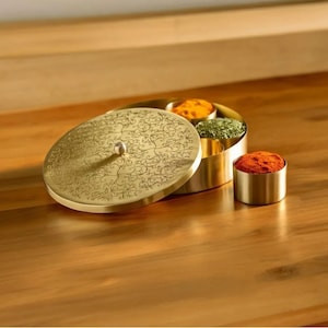 Indian Brass Round Spice Box | Masala Dani For Kitchen See Through Lid Beautiful Golden 7 Spice Containers and 1 Designer Spoon
