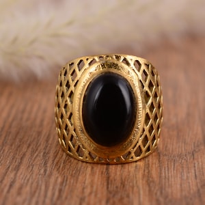 Black Obsidian Oval Ring, Vintage Ring, Obsidian Ring, Brass Ring, Statement Ring, Gemstone Ring, Healthy Stone Ring, Obsidian Jewelry,