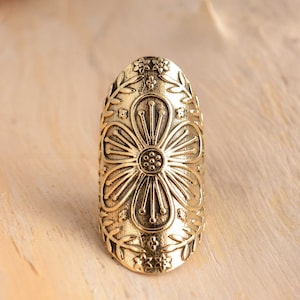 Brass Flower Big ring, Mandala Ring, Large Ethnic Tribal Ring, Antique Boho Ring, Full Finger Ring, statement Ring, Gold Filled,