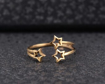 Star Ring, Gold Open Star Ring, Knuckle ring, celestial ring, Triple Star Ring, Midi Ring, Thin Knuckle ring, Gift For Mom