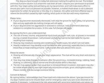 Matted Coat Grooming Consent Form: Pet Groomer Client Agreement (PDF Download)