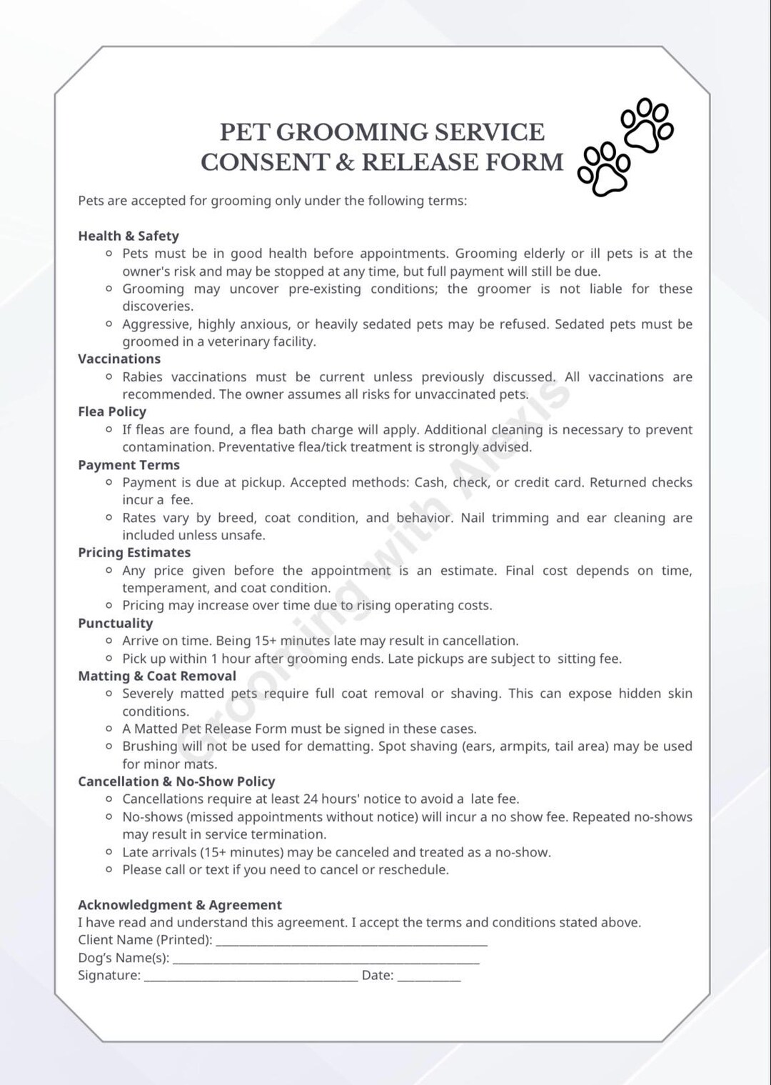 Professional Pet Grooming Consent Form Template photo