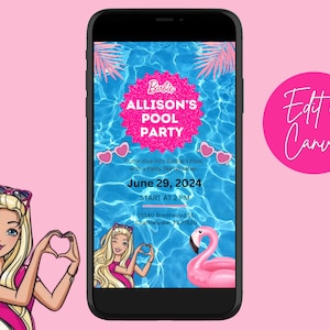 Può includere: Un invito digitale rosa e blu per una festa in piscina. L'invito presenta un'immagine di cartone animato di Barbie, un galleggiante per piscina rosa a forma di fenicottero e il testo "Barbie Allison's Pool Party". L'invito include anche la data e l'ora della festa, "June 29, 2024, Start at 2 PM", e l'indirizzo, "15540 Brentwood St, Channelview, TX 77530".