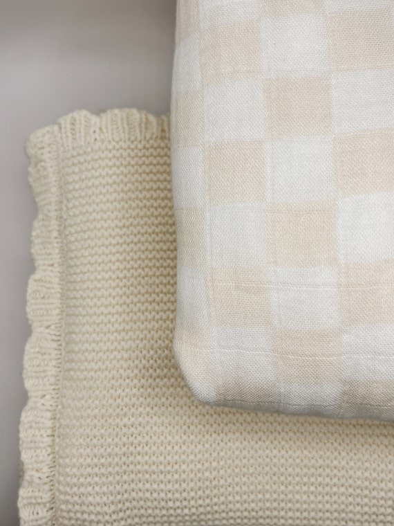 Cream Checkered Muslin Baby Blanket and Knit Baby Blanket Bundle