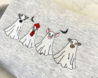 Halloween Farm Animal Ghost Embroidery Sweatshirt - Ash Gray