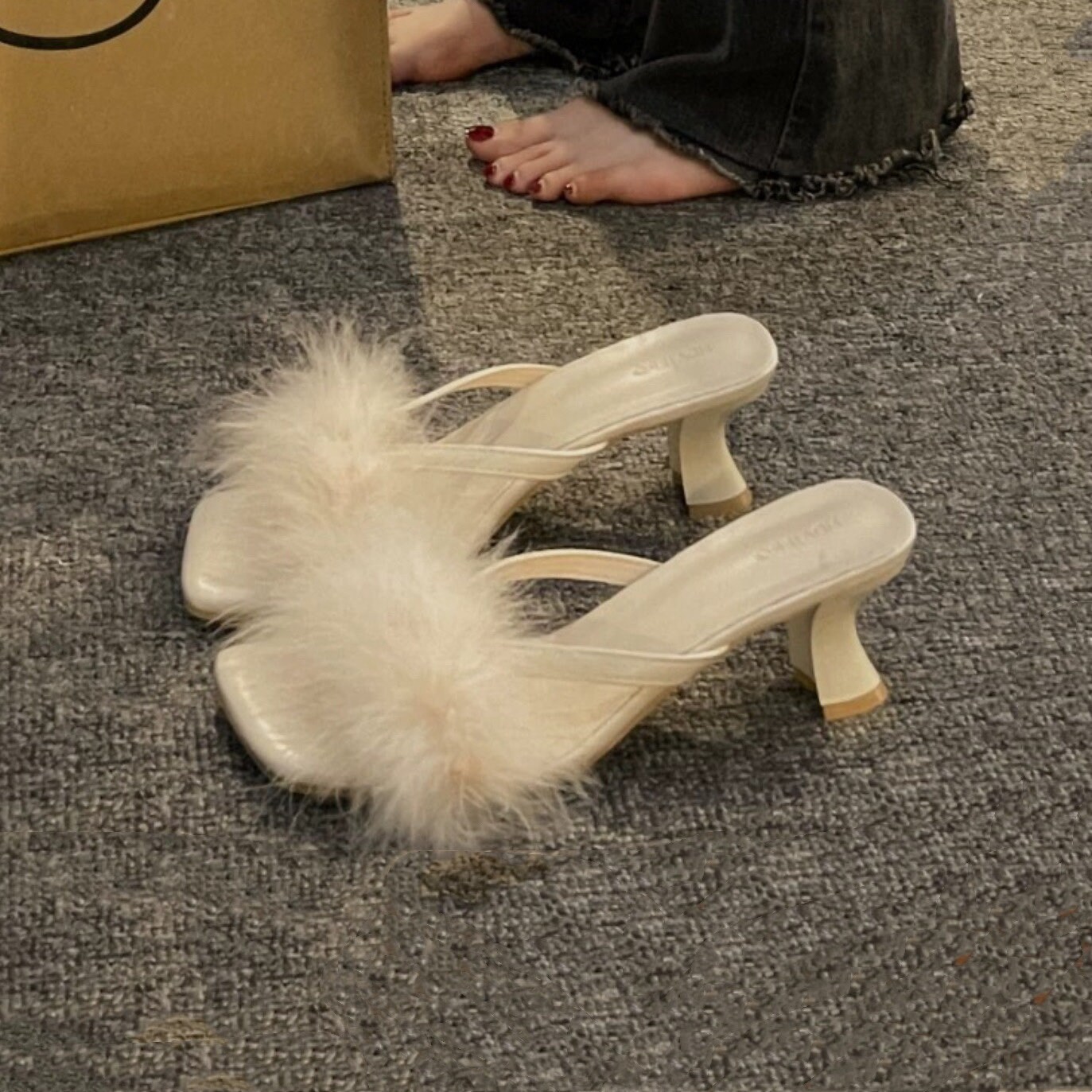 Furry high hotsell heel slippers