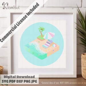 May include: A framed digital art print featuring a beach scene with a palm tree, beach umbrella, and lounge chair. The artwork is set within a light blue circle, with the text "Commercial License Included" diagonally across the top. The bottom text reads "Digital Download SVG PDF DXF PNG JPG".