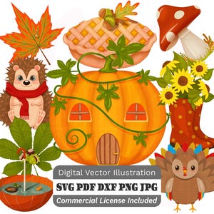 May include: A digital vector illustration with autumn themes. It includes a pumpkin house, pie, mushroom, sunflowers in a boot, hedgehog, turkey, and a pond. The image has the text "Digital Vector Illustration" and file type options.