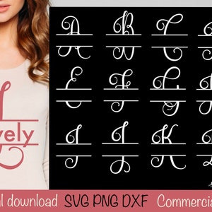 Op de afbeelding: Een digitale download van 20 verschillende gesplitste monogramontwerpen in een cursief lettertype. De letters zijn wit op een zwarte achtergrond. De letters zijn A, B, C, D, E, F, G, H, I, J, K, L, M, N, O, P, Q, R, S, T, U, V, W, X, Y en Z. De tekst "Lovely" wordt weergegeven in roze op een witte achtergrond met een gesplitst monogram van de letter L.