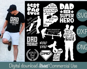 May include: A black and white digital download design set featuring various Father's Day quotes and illustrations. The set includes phrases like "Best Dad Ever", "Dad is my Super Hero", and "Dad the Goat".
