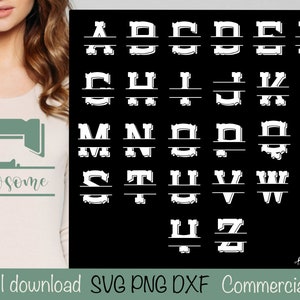 May include: A black and white graphic design of a split monogram font set. The letters are in a bold, blocky style with a horizontal line separating the top and bottom halves of each letter. The letters A through Z are included in the set. The text "Stickit/ Designs Australia" is in the bottom right corner of the image.