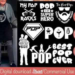 May include: Black and white digital download design files for a Father's Day gift. The design features the words "Pop", "My Pop Rocks", "Pop is my Super Hero", "Grow an Awesome Beard", "Best Pop Ever", and "A guardian may always be carried, but to all never outgrow his pop's heart".