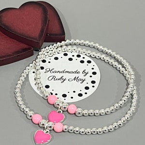 Set of 2 sterling silver bead bracelets for Mother and daughter,  bracelet stack, gifts for her, stretch silver bracelet