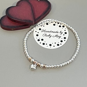 Sterling silver bead & rose gold plated bracelet with mini silver puffed heart charm, silver stacking bracelet, gift for her, 3mm beads
