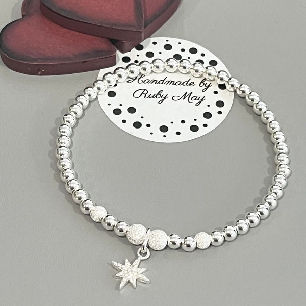 Sterling silver & North Star charm bead bracelet, stretch stacking bracelet, 4mm beads, gift for her