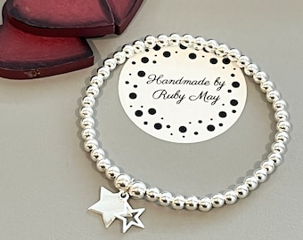 Bracelet de perles en argent sterling avec breloques étoiles en argent sterling, bracelet à superposer en argent, cadeau pour elle, perles de 4 mm