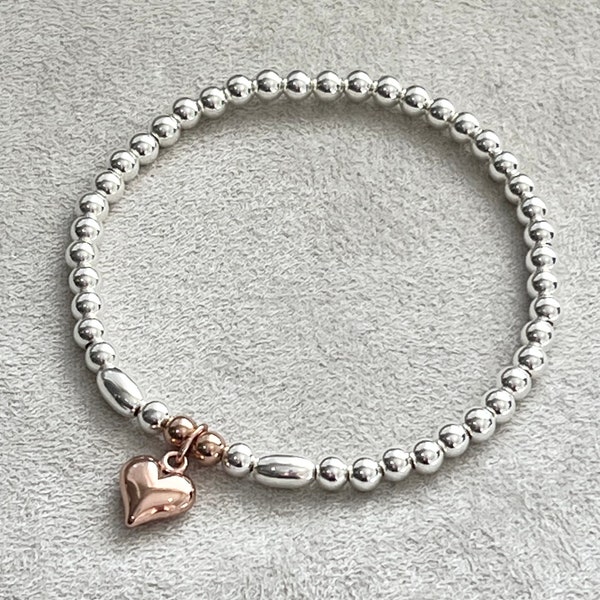 Sterling silver bead bracelet with rose gold puffed heart charm , silver stacking bracelet, gift for her, 4mm beads