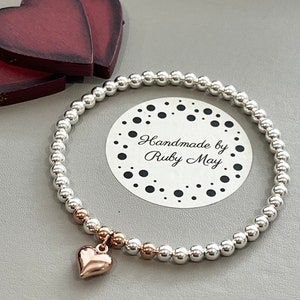 Sterling silver & Rose gold bead bracelet with rose gold heart charm stretch stacking bracelet, 4mm beads, gift for her