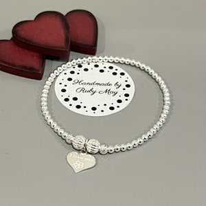 Sterling silver bead bracelet with I love you heart charm stacking bracelet, gift for her, 3mm beads