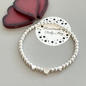 Sterling silver & heart bracelet, stretch stacking bracelet, bead bracelet 4mm beads, gift for her