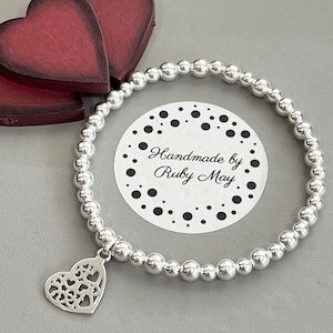 Sterling silver bracelet with heart charms, silver stacking bracelet, gift for her, 5mm beads