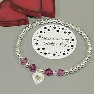 Sterling silver bead bracelet with diamanté heart charm stacking bracelet and crystals, gift for her, 4mm beads stretch bracelet