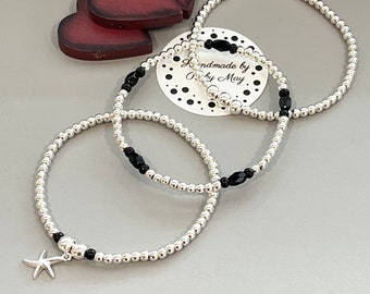 Set of 3 sterling silver and Onyx beaded bracelets with Starfish charm, bracelet stack, silver bracelet