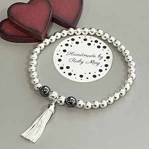 Sterling silver bead bracelet with 24mm tassel charm stretch stacking bracelet, 5mm beads, gift for her