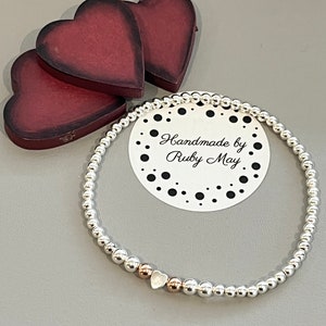 Sterling silver & rose gold plated bead bracelet with heart shaped bead, silver stacking bracelet, gift for her, 3mm beads
