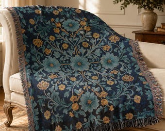 Teal Botanical Woven Cotton Blanket, William Morris Style Floral Throw