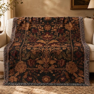 Victorian Burgundy Woven Blanket, Gold Baroque Floral Throw, Dark Vintage Home Decor, Gothic Luxe Blanket, Cozy Regal Tapestry Accent