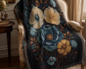 Teal Floral Woven Cotton Blanket: William Morris Inspired Boho Throw