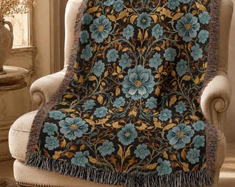 Teal Blue Floral Cotton Woven Blanket, William Morris Tapestry