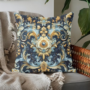 Dark Academia Chic - Blue & Gold Baroque Pillow Cover for a Touch of Elegant Chateau Charm