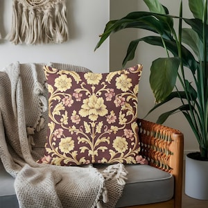 Victorian Floral Throw Pillow: Dark Cherry & Gold Baroque Cushion