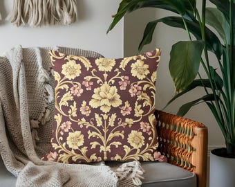 Victorian Dark Cherry & Gold Floral Throw Pillow, Elegant Vintage Cushion, Ornate Baroque Home Decor, Classic Accent