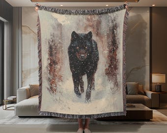 Black Wolf Woven Blanket: Rustic Cabin Decor, Nature Throw