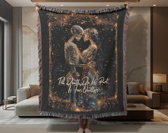 Woven Blanket - Romantic Celestial Skeleton Embrace Throw / Home Decor, Unique Wedding Gift, Edgy Goth Anniversary Present