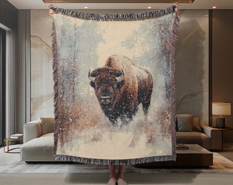 Buffalo Woven Blanket – Rustic Western Decor, Lodge Throw Blanket, Cozy Nature-Inspired Gift