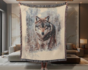 Alpha Wolf Woven Blanket: Rustic Cabin Decor, 100% Cotton