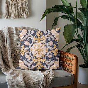 French Baroque Throw Pillow: Gold & Blue Rococo Cushion
