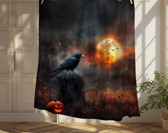 Raven Halloween Velveteen Plush Blanket, Gothic Moon Throw, Spooky Pumpkin Decor, Dark Cottagecore Gift