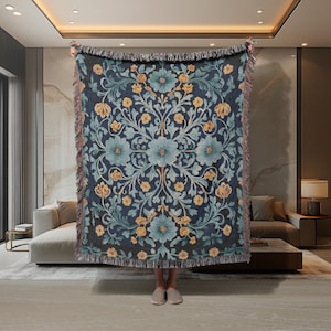 Teal Botanical Woven Blanket, William Morris Style Floral Throw, Elegant Tapestry, Vintage Blue & Gold Home Decor, Cozy Cottagecore Blanket
